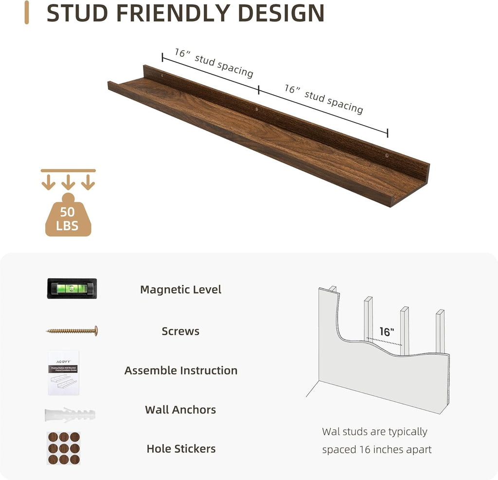 Picture Ledge Shelf, Wood Floating Shelves Set of 2, 36 inch Picture Ledge Shelves, Photo Ledge Nursery Book Shelves Wall Mounted for Living Room Kids' Room Bedroom, Color Walnut
