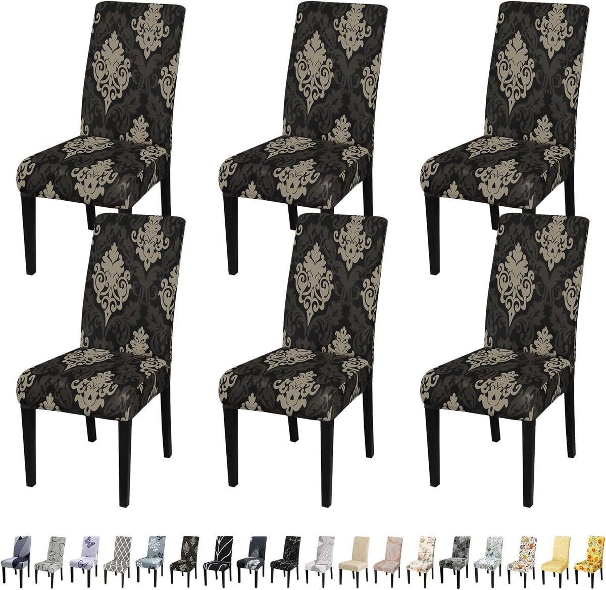 JQinHome Dining Chair Slipcover, High Stretch Removable Washable Chair Seat Protector Cover Set of 6,Chair Covers for Dining Room, Kitchen,Home Party,Wedding Ceremony(Luxe Black, 6PC)
