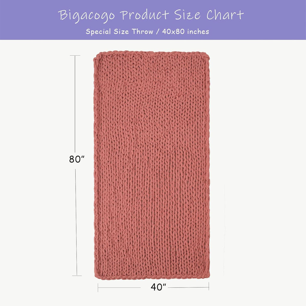 Bigacogo Chunky Knit Throw Blanket for Couch, 40x80 inches, 100% Hand Knitted with Thick Jumbo Chenille Yarn, Cozy Soft Large Rope Knot Cable Crochet Blankets for Sofa Bed Living Room, Antique Red