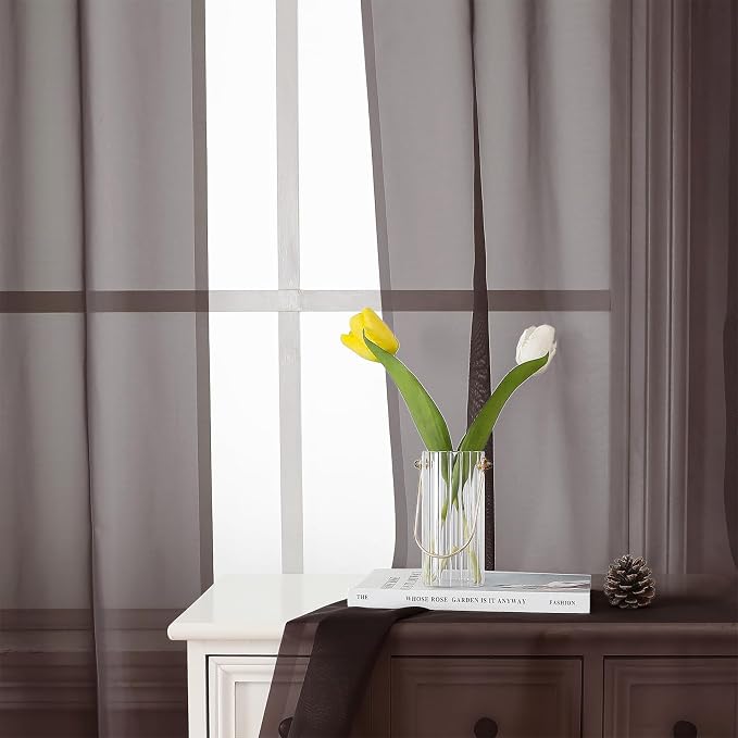 Chocolate Sheer Curtains 84 Inches Long 2 Panels Set, Rod Pocket Transparent - Image 9