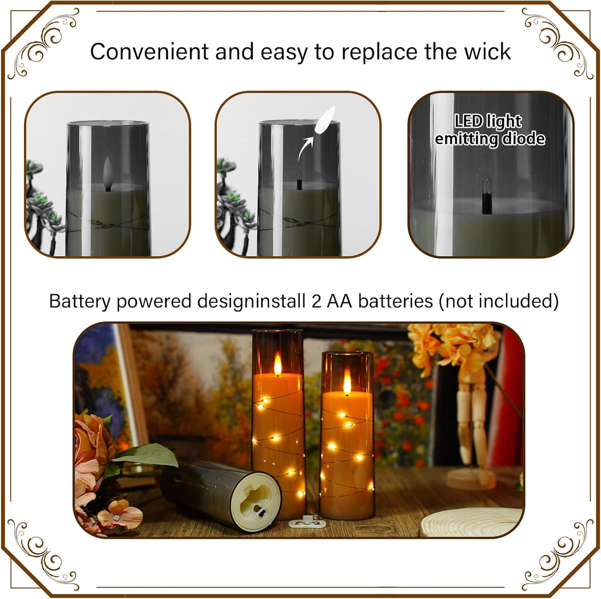 Flickering Flameless LED Candles, 9 Pcs with Embedded Star String, Acrylic LED Pillar Candles with Remote, Suitable for Home Decoration (Grey)