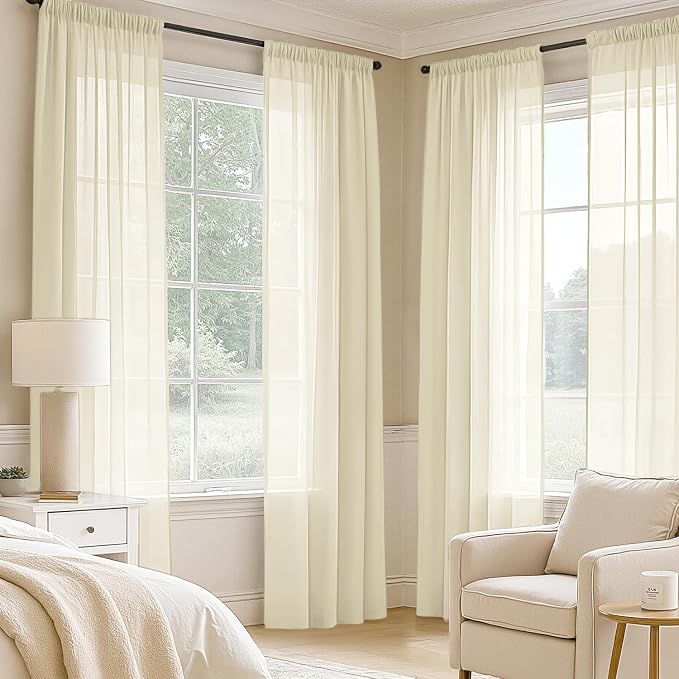 MIULEE Light Cream Sheer Curtains 90 Inches Long 4 Panels 42 x 90 Inches | - Image 2