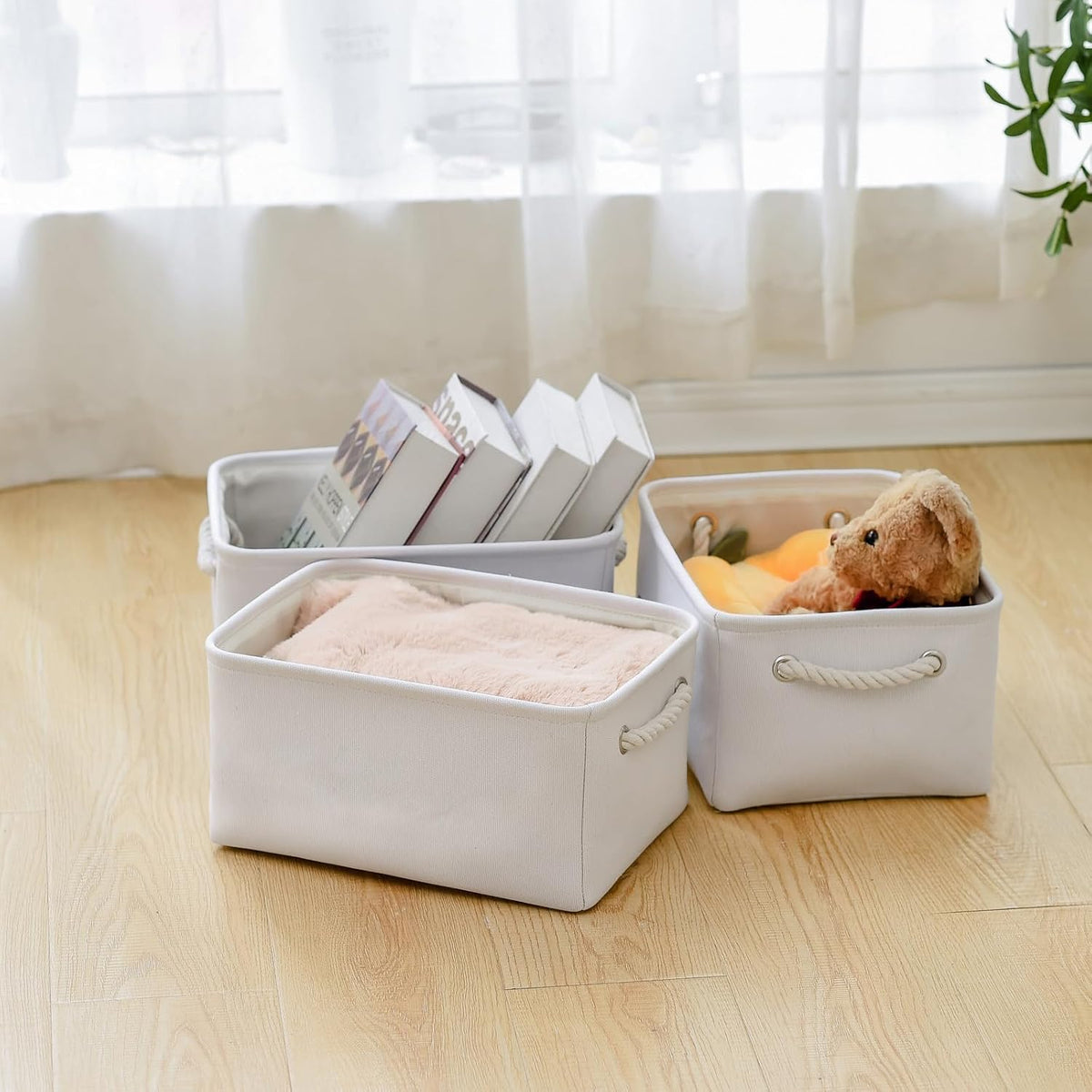 TheWarmHome Decorative Basket for Organizing - Medium-1Pack 13.8L*9.8W*6.7H Rectangular Fabric Storage Bin Organizer Basket with Handles for Clothes (White)