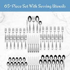 Mikasa Satin Loft 65-Piece Flatware Set for 12, 18/10 Stainless Steel Silverware with Forks, Knives, Spoons, and Serving Utensils, Durable and Elegant Design