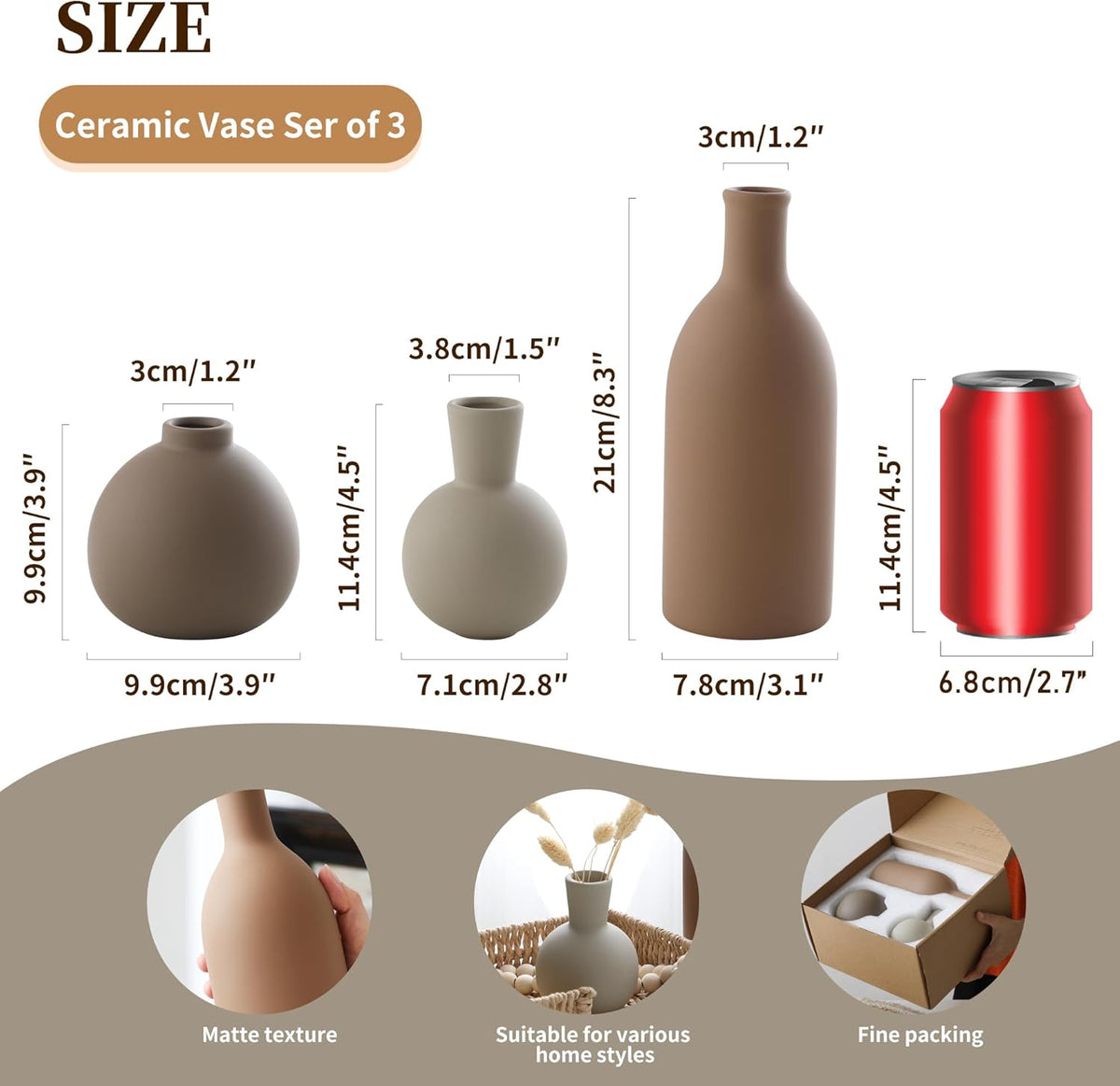 Ceramic Vase Set of 3, Vases Home Decor Rustic Farmhouse Decorative Vase Pottery Vases for Bouquet Pampas Grass Dried Fresh Flowers, Table Living Room Kitchen Bedroom Bathroom - Brown