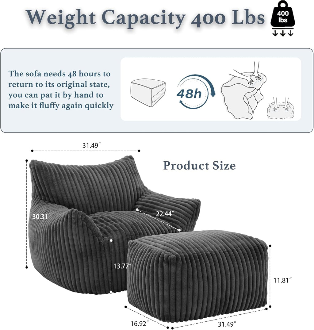 Oversized Bean Bag Chaise Lounge Chair Indoor for Adults with Armrests & Ottoman - Giant Comfy Gray Beanbag Floor Sofa Cloud Accent Chair for Reading, Gaming, Cozy Plush Cloud Mini Couch