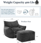 Oversized Bean Bag Chaise Lounge Chair Indoor for Adults with Armrests & Ottoman - Giant Comfy Gray Beanbag Floor Sofa Cloud Accent Chair for Reading, Gaming, Cozy Plush Cloud Mini Couch