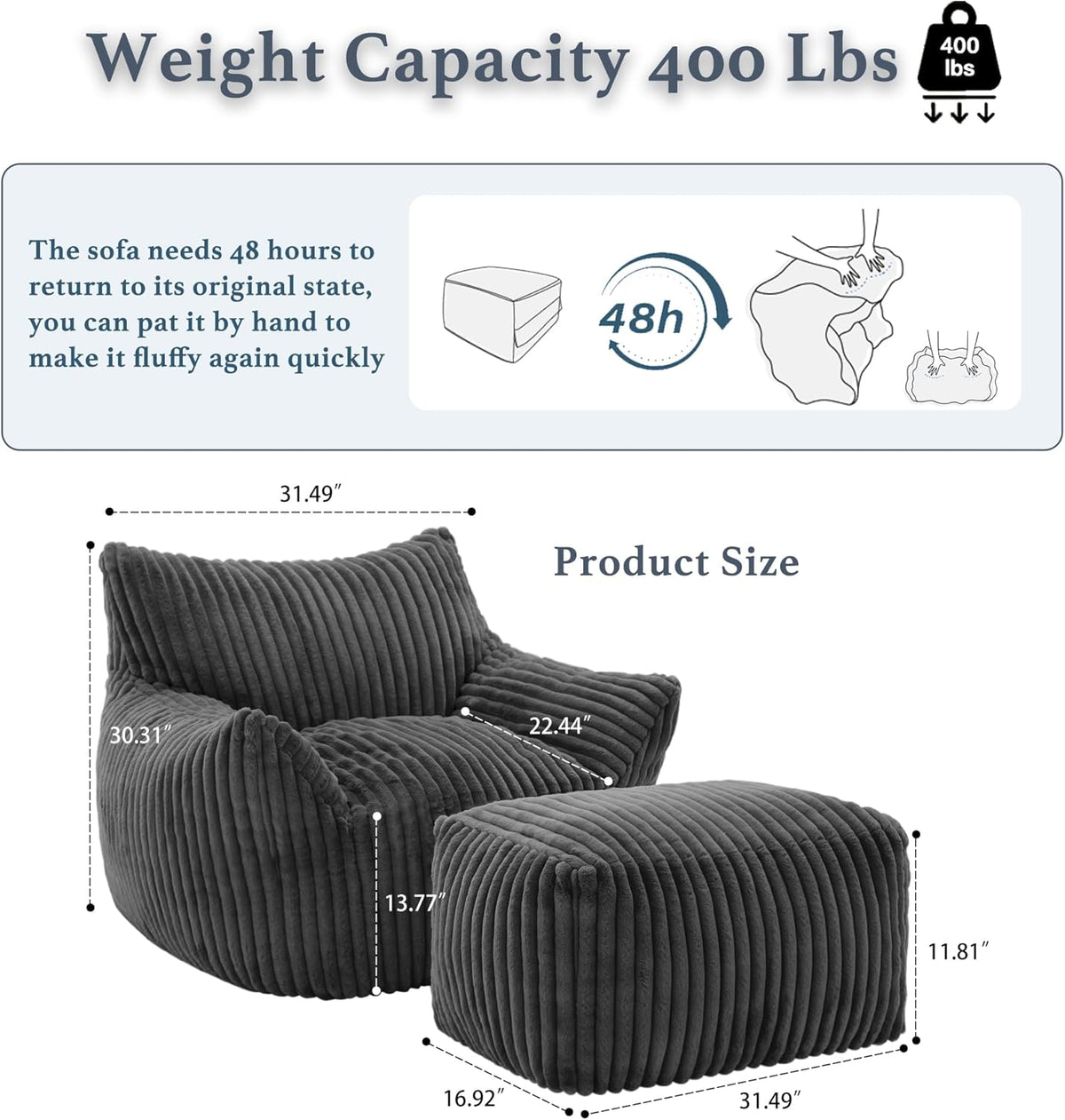 Oversized Bean Bag Chaise Lounge Chair Indoor for Adults with Armrests & Ottoman - Giant Comfy Gray Beanbag Floor Sofa Cloud Accent Chair for Reading, Gaming, Cozy Plush Cloud Mini Couch