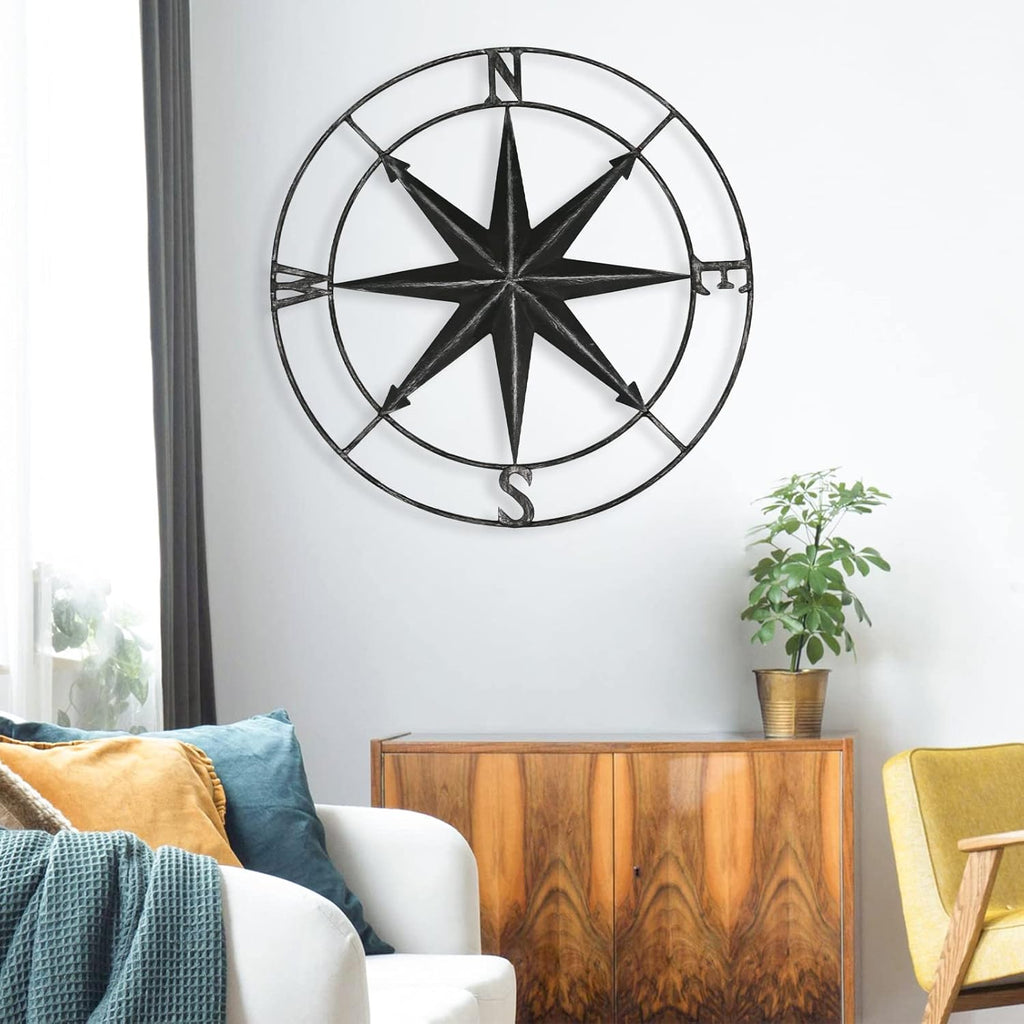 aboxoo Round Metal Compass Decorative Compass Metal Wall Art Hanging Wall Sculpture 22.8 Inch Black Diameter Farmhouse Decor Indoor or Outdoor Sign