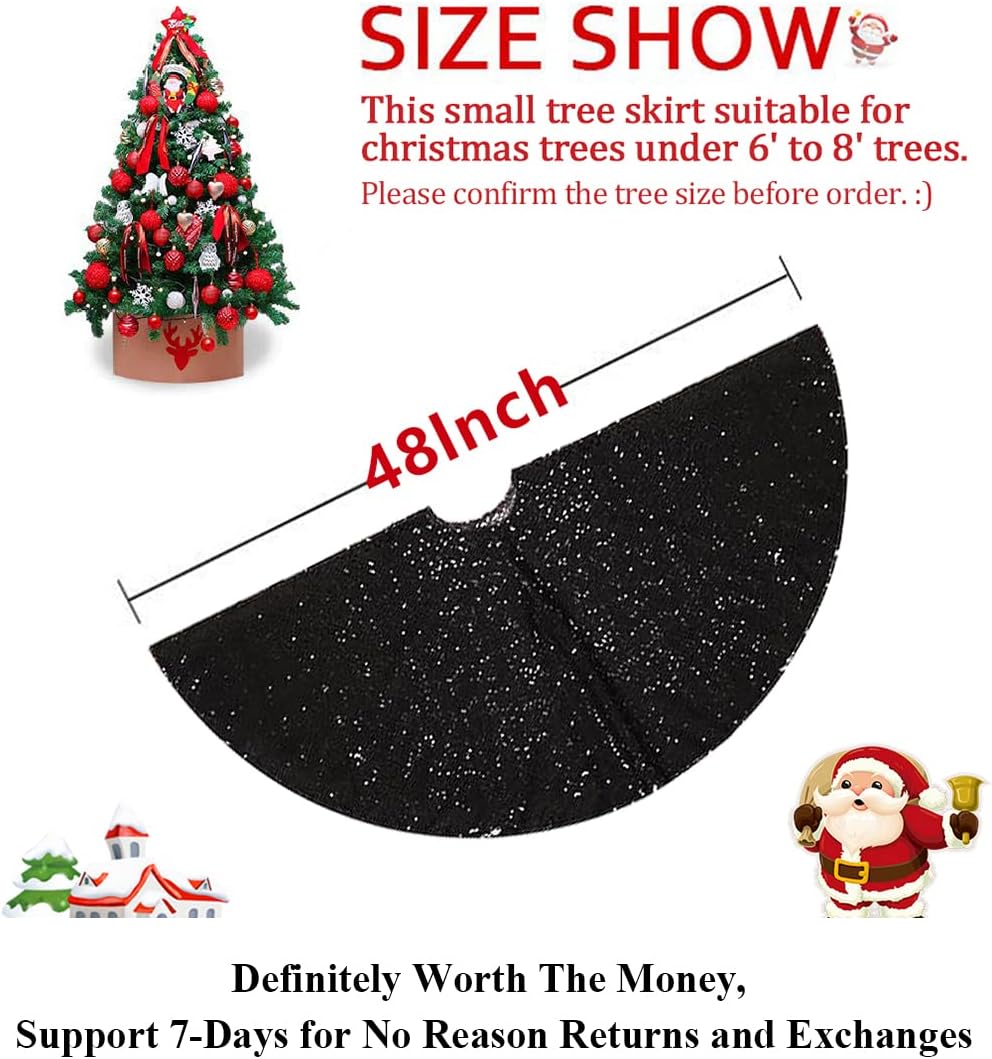 Partisout 48 Inch Black Sequin Christmas Tree Skirt - Glitter Holiday Decor for Xmas, Halloween, Winter Parties