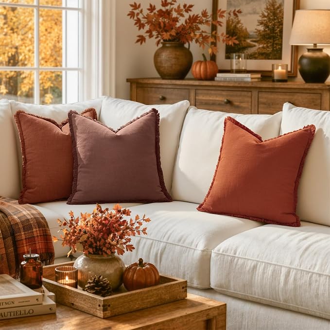 MIULEE Linen Fringe Decorative Fall Throw Pillow Covers Burnt Orange 18x18 | - Image 2