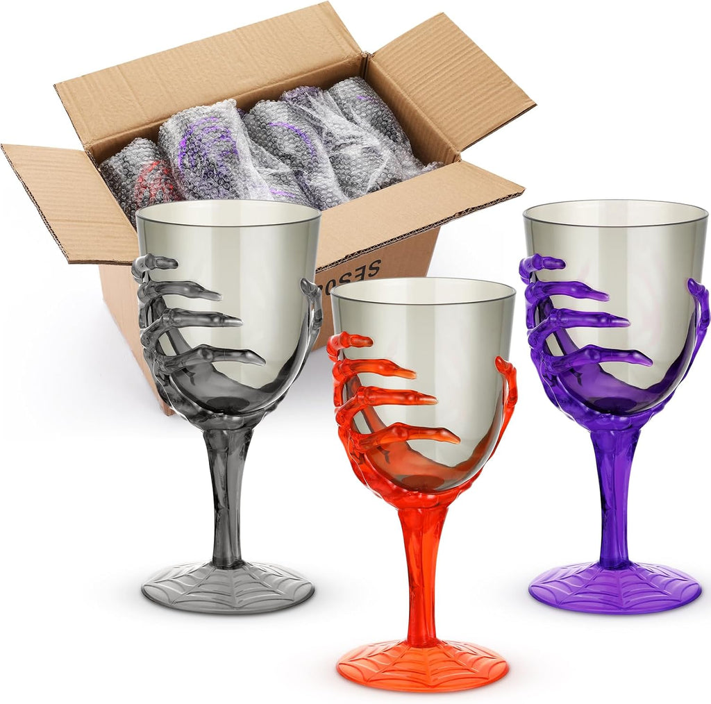 Dandat 24 Pcs Halloween Skeleton Hand Goblets 12oz Clear Plastic Halloween Cups Skull Wine Glass Set for Creepy Spooky Party Decorations(Black, Purple, Orange, Gray)