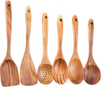 Wooden Kitchen Utensils Set,GUDAMAYE 6 PCE Wooden Spoons for Cooking,Wooden Cooking Utensils,Natural Teak Wooden Spoons For Non-stick Pan