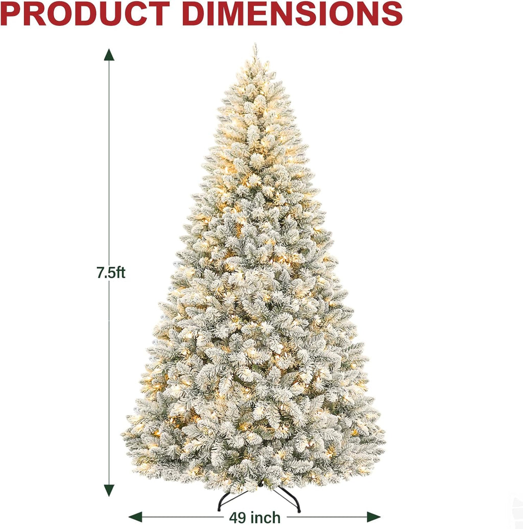Hykolity 7.5 ft Snow Flocked Christmas Tree, Artificial Christmas Tree with 450 Warm White Lights, 1446 Tips, Metal Stand and Hinged Branches