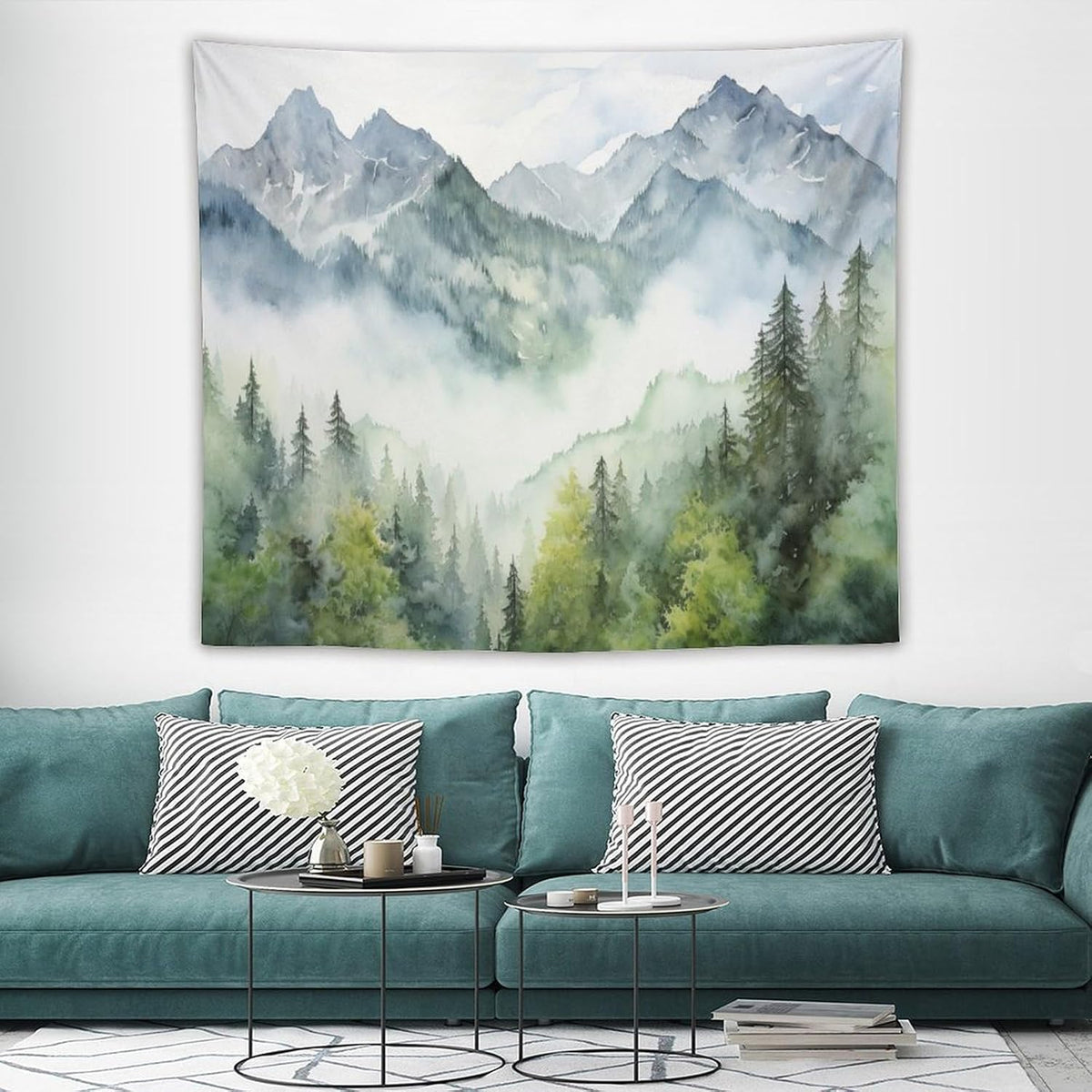 HZOHNAGO Mountain Tapestry Misty Green Forest Mountain Pattern Printed Wall Tapestry Wall Hanging for Bedroom Living Room Dorm 60" W x 50" H