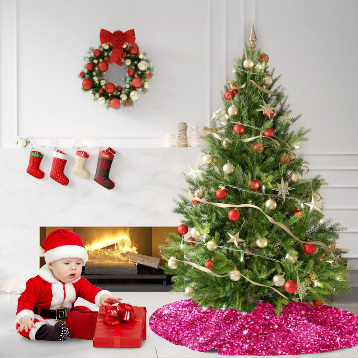 MODFUNS Hot Pink Sequin Christmas Tree Skirt 48 Inches Sparkly Tree Skirt Large Velvet Xmas Tree Mat Shiny Christmas Tree Covers Luxury Xmas Tree Skirt Christmas Day Home Artificial Tree Blanket