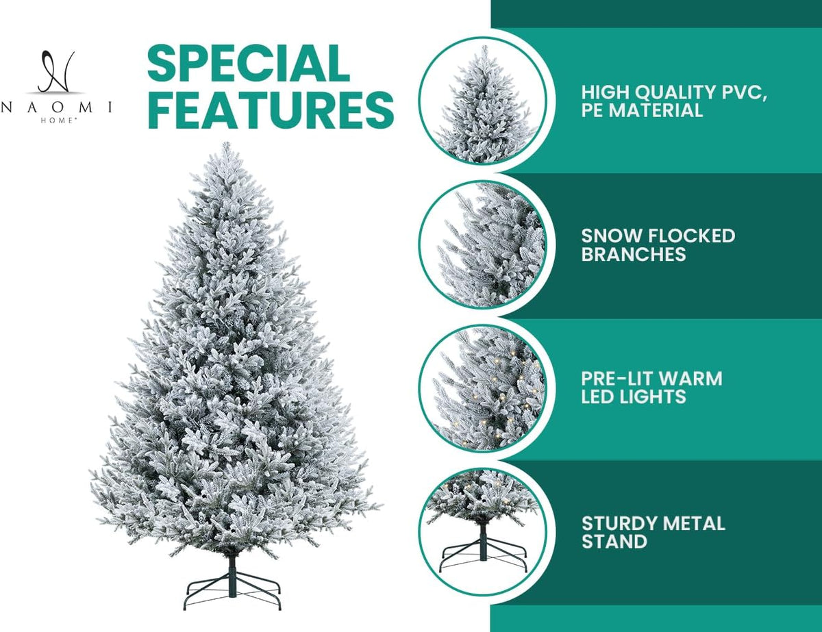 Naomi Home Ginebra 6.5ft Snow Flocked Christmas Tree Prelit with 2456 Branch Tips, 450 Warm Lights and Metal Stand, 52" Wide Realistic Snowy Frosted Christmas Tree with Lights