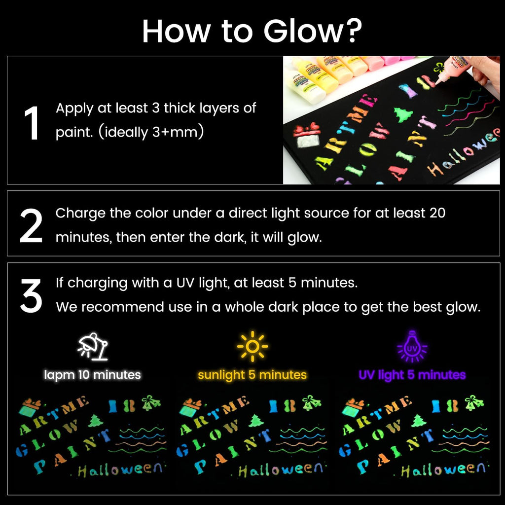 ARTME Glow in The Dark Paint, 18 Bright Colors 22ml/0.75oz Blacklight Paint Set, Neon Craft Paints, Glow Fluorescent Acrylic Paints Perfect for DIY projects, Halloween and Christmas Decorations