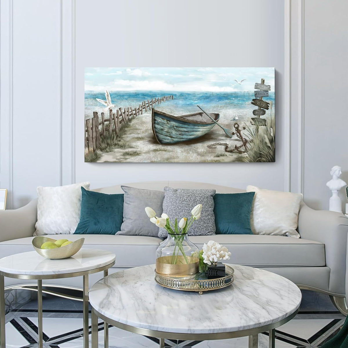 Wall Art for Living Room Large Beach Decor Picture Seagull Vintage Boat Artwork Ocean Sea Bird Canvas Print Seascape Nautical Painting Blue Teal Rustic Coastal Themed Cottage Bedroom Office Décor