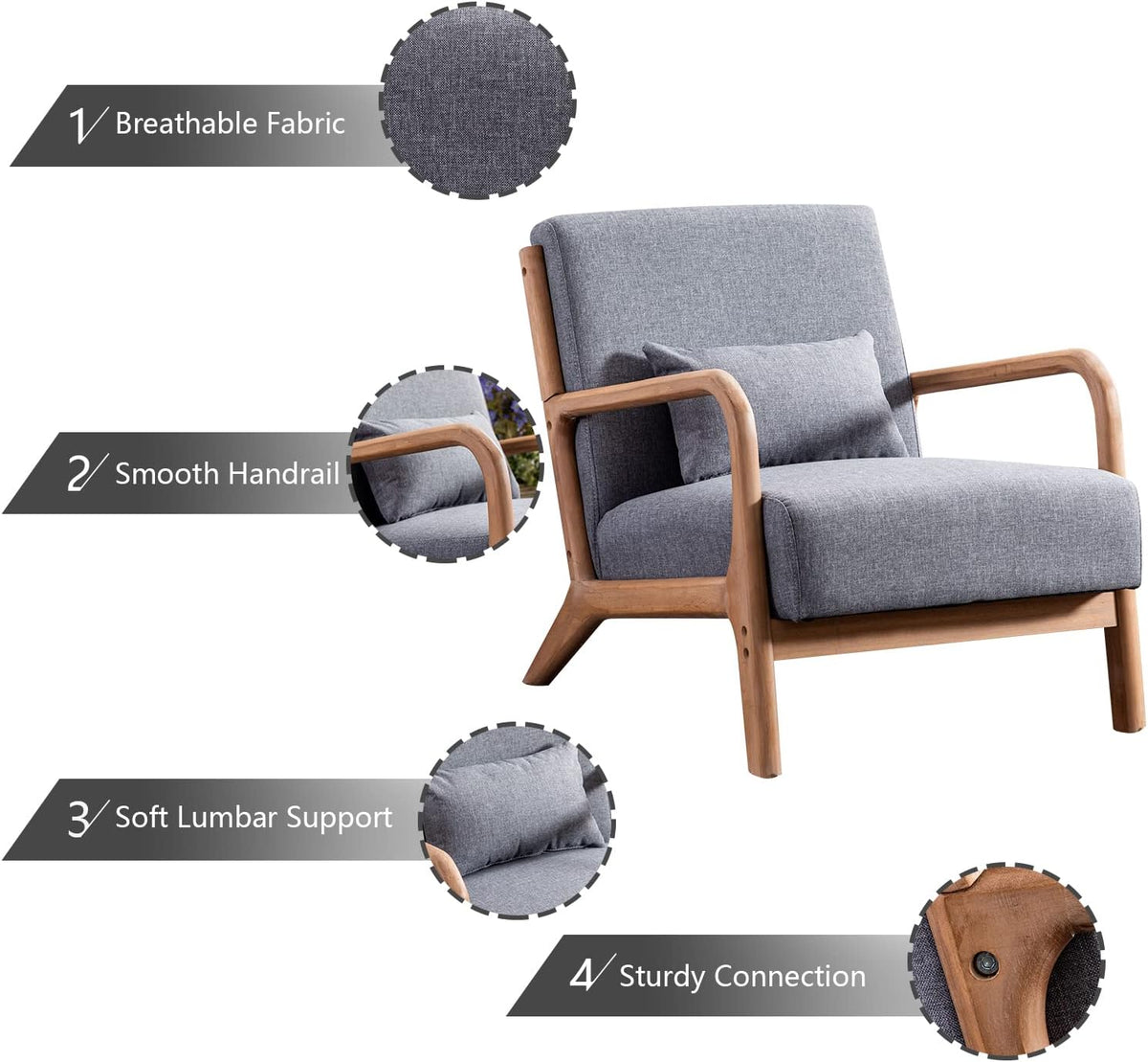 INZOY Mid-Century Modern Accent Chair Set of 2, Dark Grey Living Room Chairs with Waist Cushion, Upholstered Reading Armchair for Bedroom Sunroom