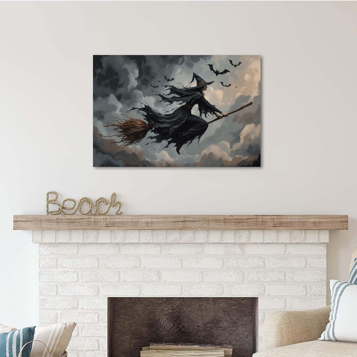JFHCQJPK Witch and bat flying Halloween poster suitable for home party wall decoration retro Halloween preppy style wall art canvas print suitable for room decoration8x12in Frameless