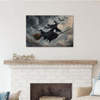 Witch and bat flying Halloween poster suitable for home party wall decoration retro Halloween preppy style wall art canvas print suitable for room decoration24x36in Wood Framed