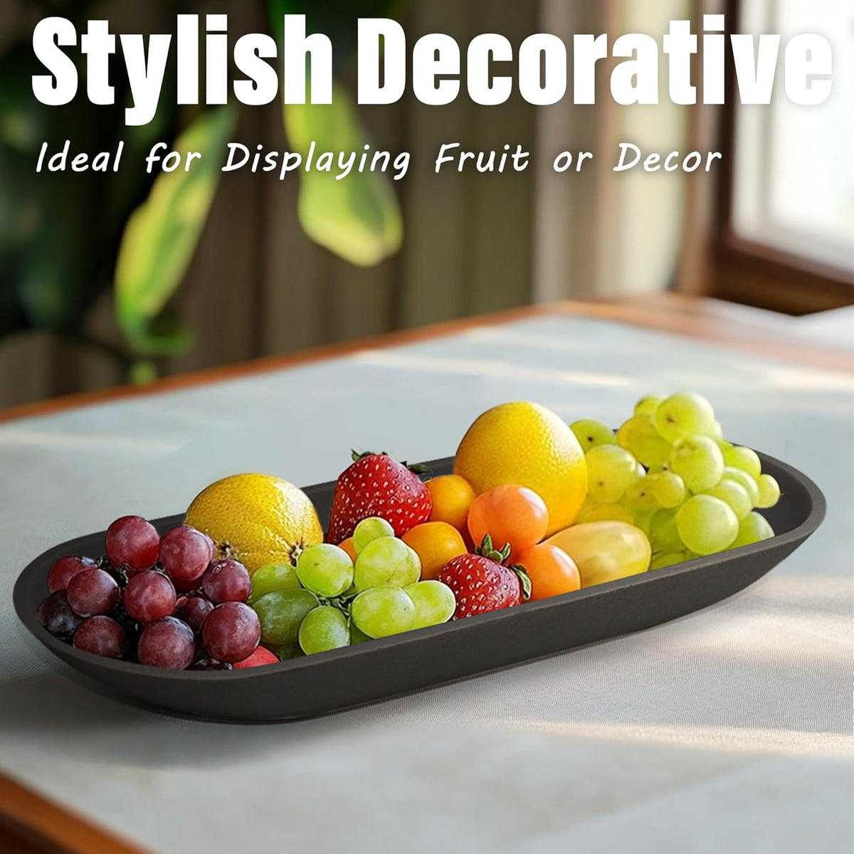 Large Decorative Bowl for Home Decor - Long Dough Bowl with Anti Slip Base for Table Centerpieces - Black Minimalist Design Dough Decor Bowl for Coffee Table, Dining Table Centerpiece