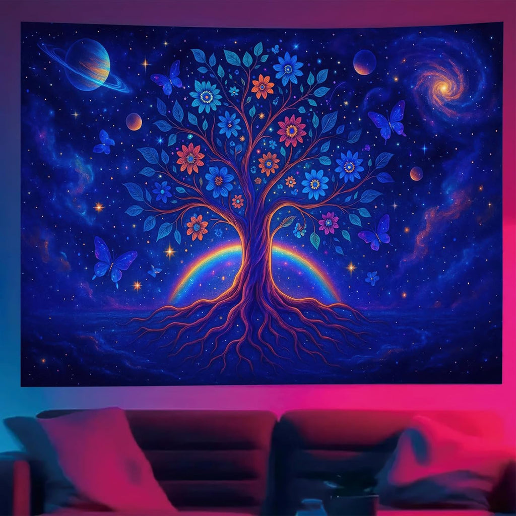 Starlit Patio Cosmic Tree Blacklight Tapestry UV Reactive Wall Hanging Rainbow Roots Flowers and Planets for Bedroom Dorm Living Room Glowing Spiritual Decor Fluorescent Trippy Poster 78 x 59 Inch