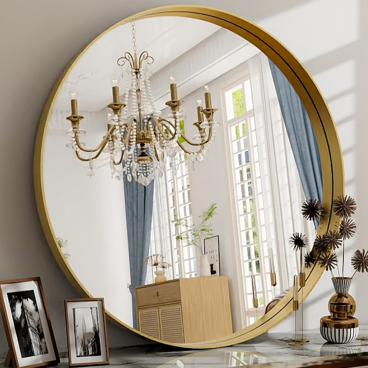 24 Inch Round Bathroom Mirror - Wall Mounted Circle Mirror with Metal Frame, Modern Mirror Suitable for Bathroom, Vanity, Entryway, Living Room, Wall Decor,Gold