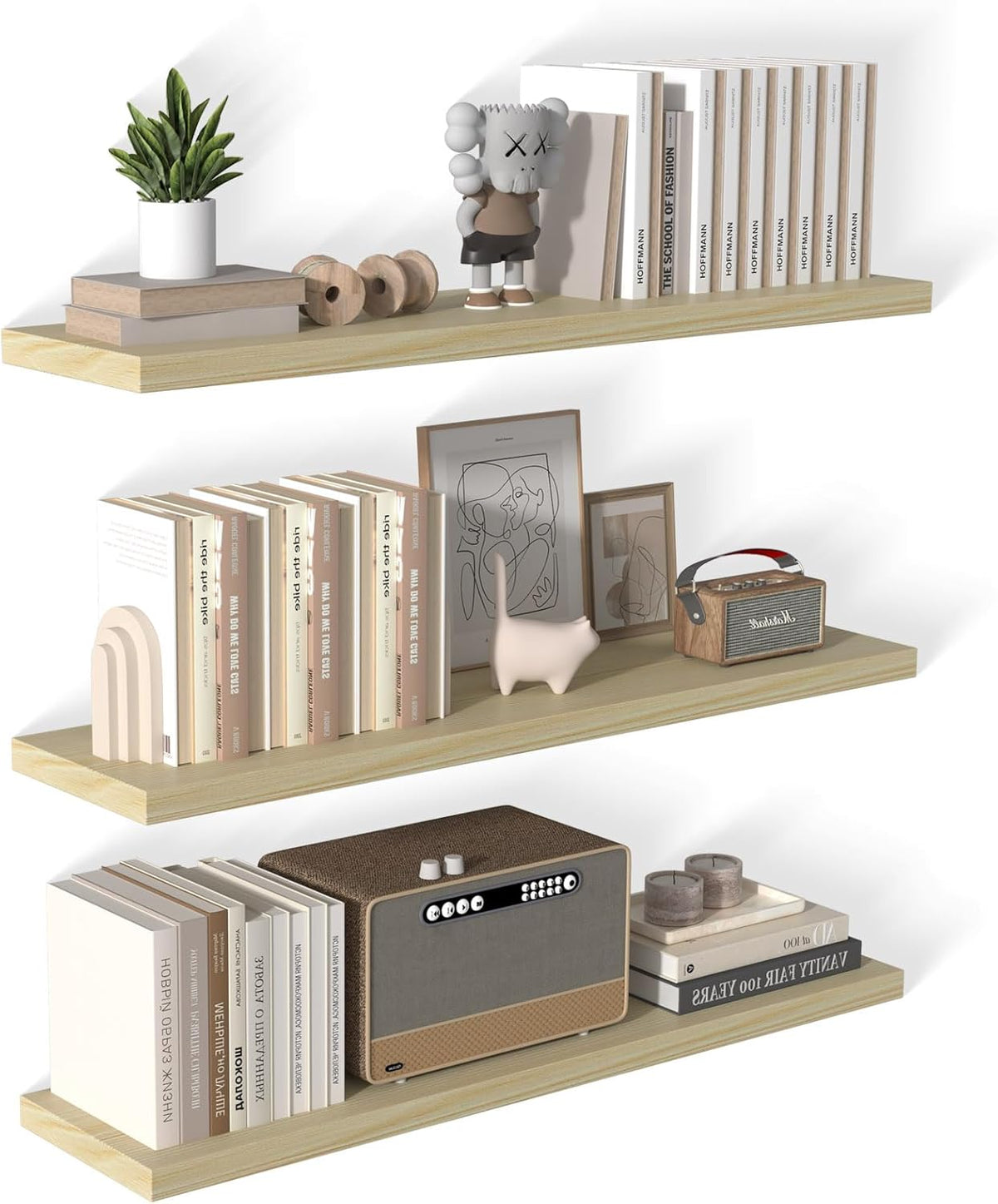 48 Inch Floating Shelf 3 Pack Large Floating Shelves for Wall No Drilling Accessories Included Deep Wall Shelves for Living Room Kitchen Farmhouse 48" W x 12" D x 1.2" Oak