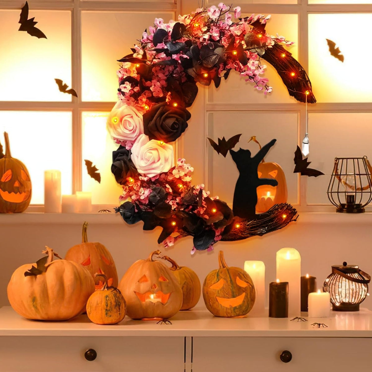 Halloween Wreaths for Front Door with Lights, Black Cat on Moon Garland with Rose Wreath Decor, Halloween Decorations Crescent Moon Wreath for Home Party Window Wall Indoor Outdoor (pink moon cat)
