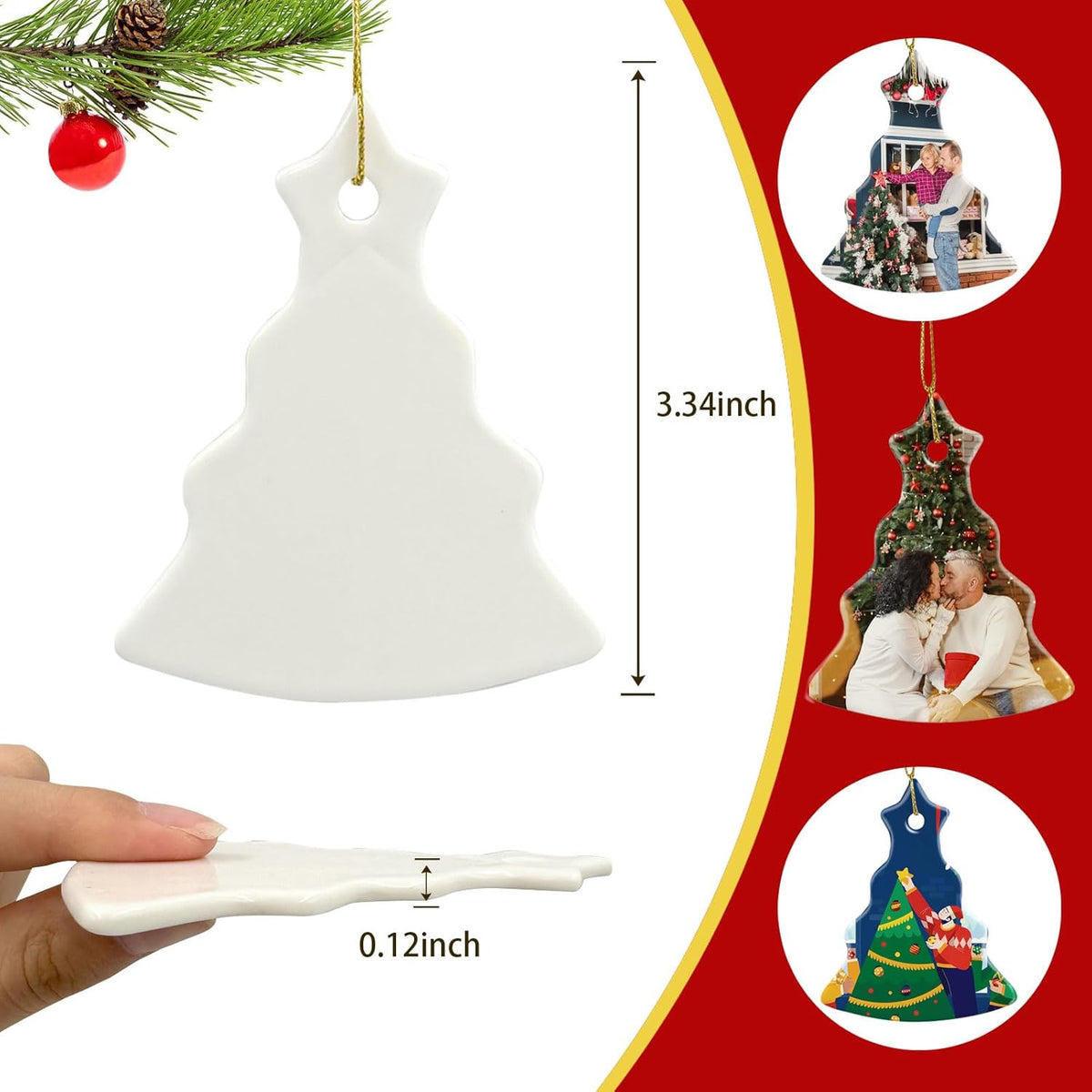 Sublimation Ceramic Ornament Blanks - Bulk White Porcelain Ornament for Heat Press Printing - Personalized Christmas Decoration Supplies (12, Tree)