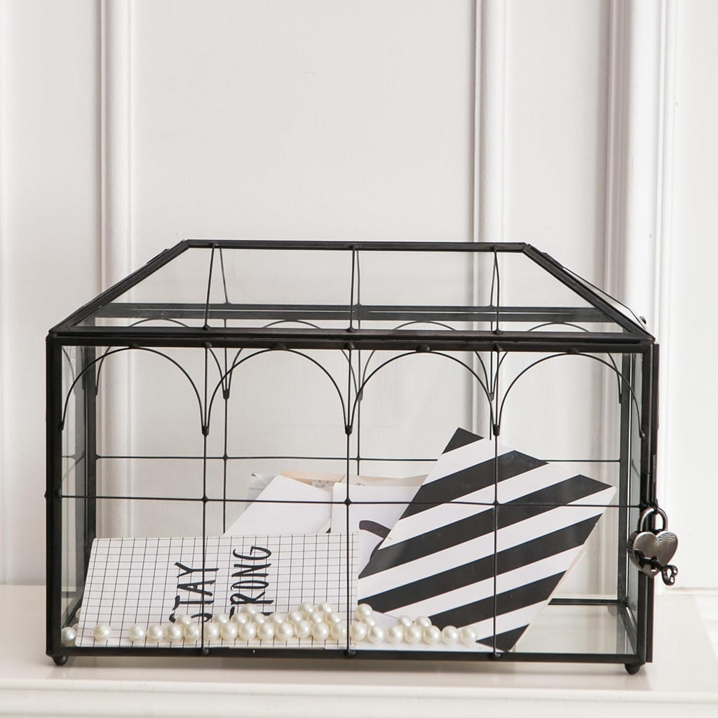 Wedding Card Box with Slot, 12.6'' Large Glass Card Boxes for Reception, Black Geometric Holder, Clear Decorative Storage Box with Lock for Baby Shower, Birthday Party, Christmas, Bridal Shower