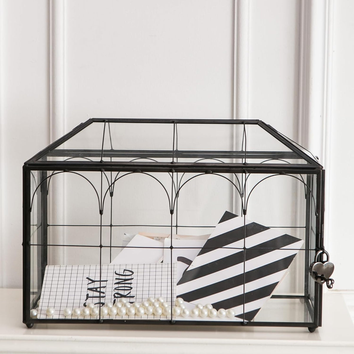 Wedding Card Box with Slot, 12.6'' Large Glass Card Boxes for Reception, Black Geometric Holder, Clear Decorative Storage Box with Lock for Baby Shower, Birthday Party, Christmas, Bridal Shower