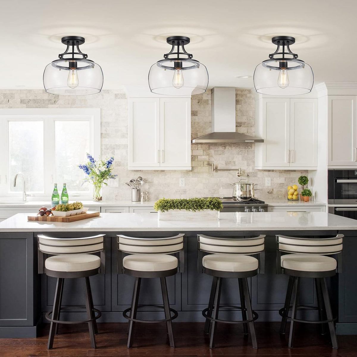 WUZUPS Chandelier Rustic Farmhouse Industrial Round Semi-flushmount Ceiling LED Light Fixture with Clear Glass Shades for Bathroom Kitchen Foyer Entryway, H 11.8" x W 13.4", E26 Base, Black