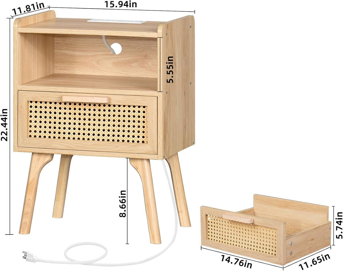 Lerliuo Rattan Nightstands Set of 2 with Charging Station, Boho Night Stand with Handmade Natural Rattan Drawer and Open Shelf, Side End Tables with Solid Wood Legs for Bedroom, Dorm, Small Spaces