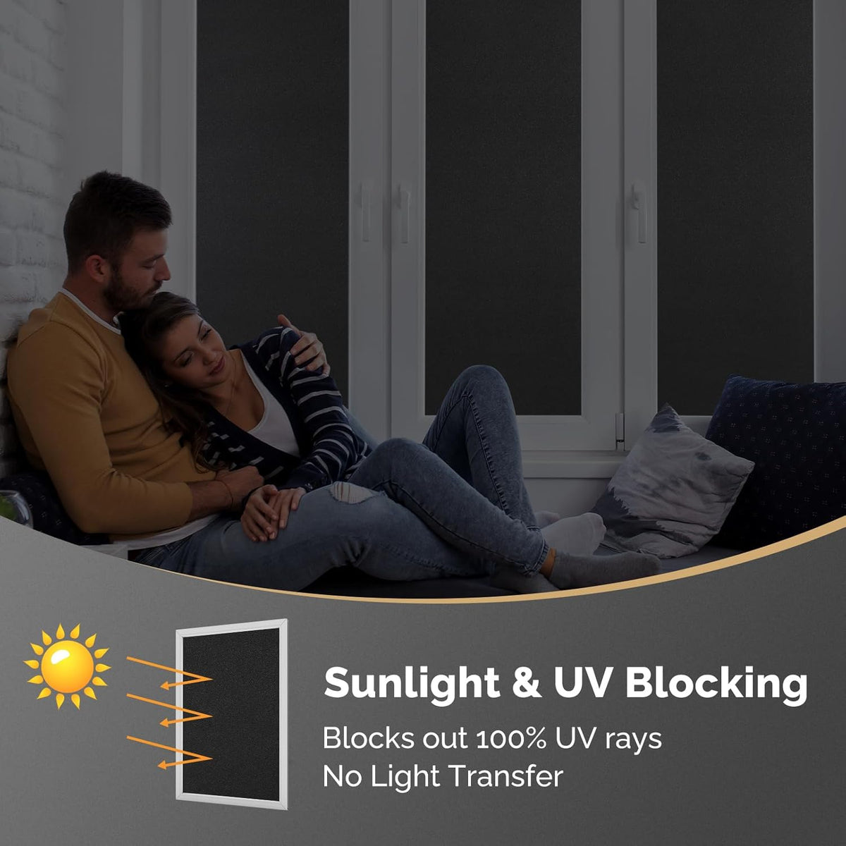 DOWELL Blackout Window Film, 100% Light Sun Blocking Static Cling Frosted Privacy Film for Glass, Heat Control Removable Window Tint, Room Darkening Cover for Day Sleep, Black, 35.4" x 118"
