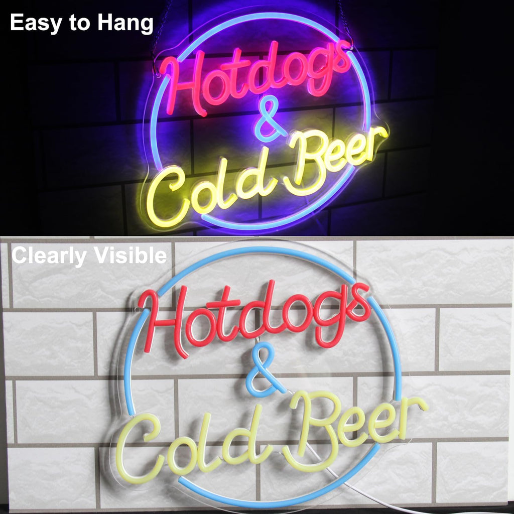 Hot Dogs and Cold Beer Neon Sign for Wall Decor Dimmable Bar Neon Light Sign Colorful LED Neon Signs Beer Neon Light Wall Art LED Sign for Bar Restaurant Shop Food Court Party Decor