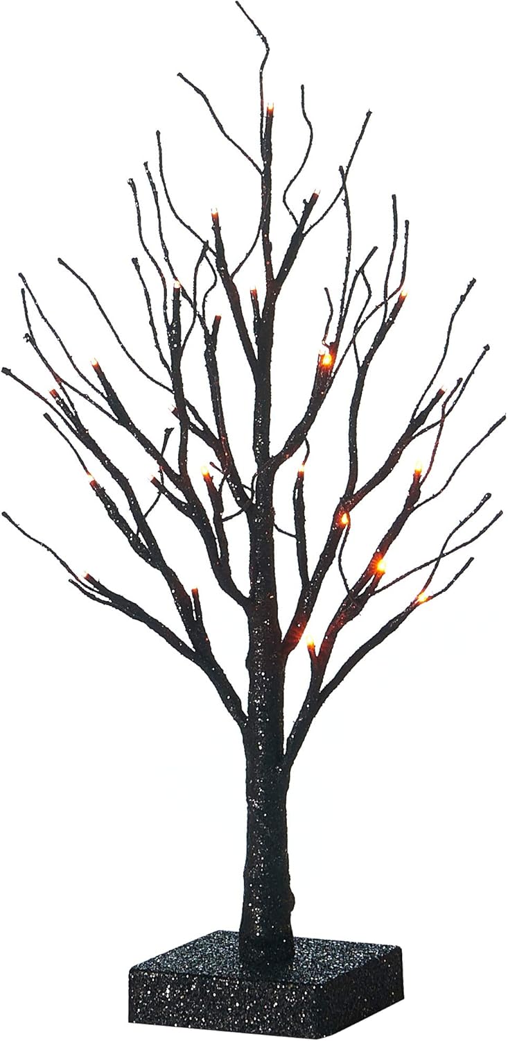 Hairui Lighted Tabletop Black Glittered Spooky Tree with Orange Lights 24 LED 18 Inches for Halloween Witch Decoration Battery Operated or USB Plug in Indoor Use