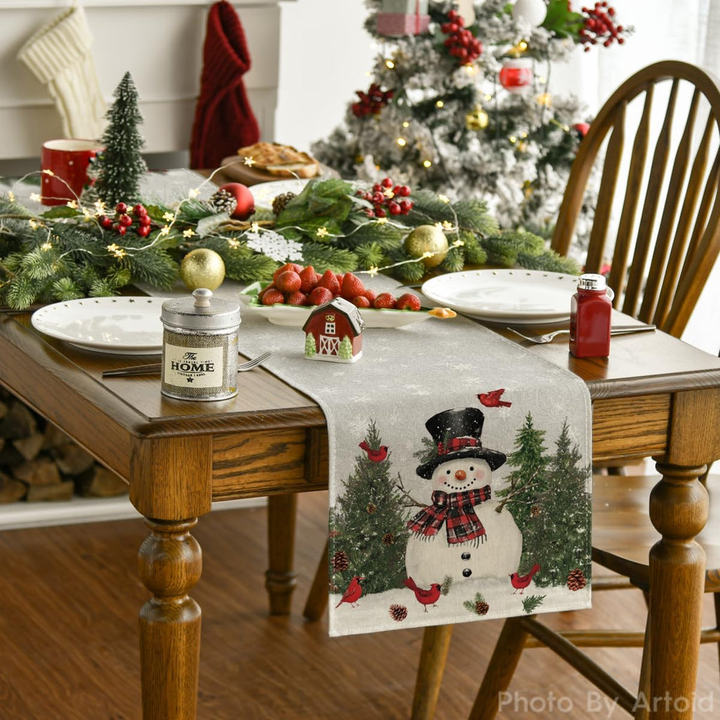 Artoid Mode Snowman Birds Trees Christmas Table Runner, Seasonal Silver Winter Holiday Kitchen Dining Table Decoration for Home Party Decor 13 x 120 Inch