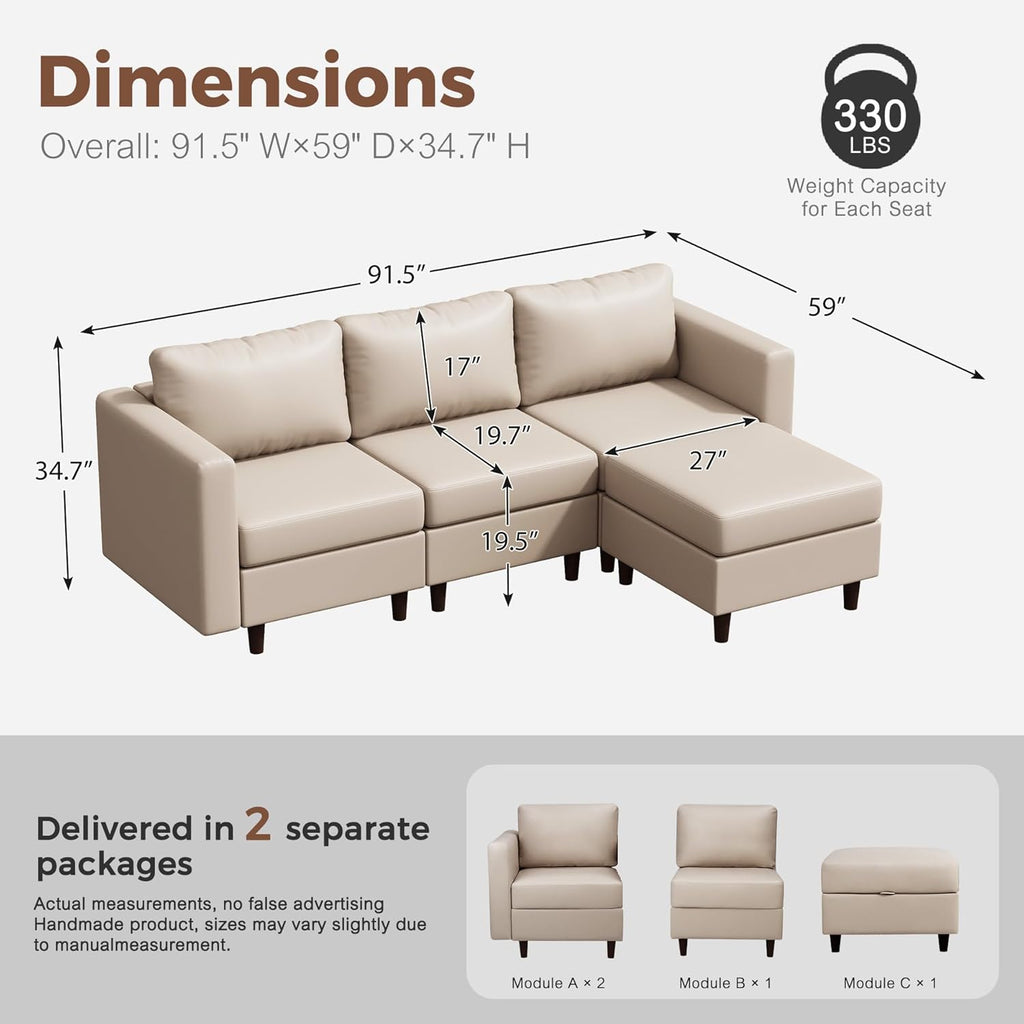 91.5" Faux Leather Modular Sectional Sofa, L Shaped Couch Set for Living Room, 3-Seater Comfy Cloud Couches with Movable Storage Ottoman,DIY Combination - Whitesand