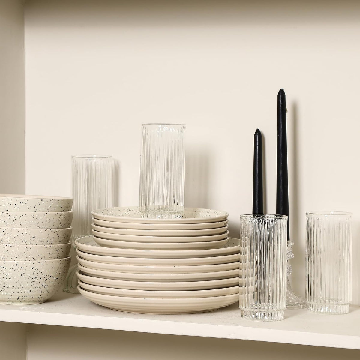 Stone Lain Dua 16-Piece Dinnerware Set Stoneware, Borosilicate Glass, White