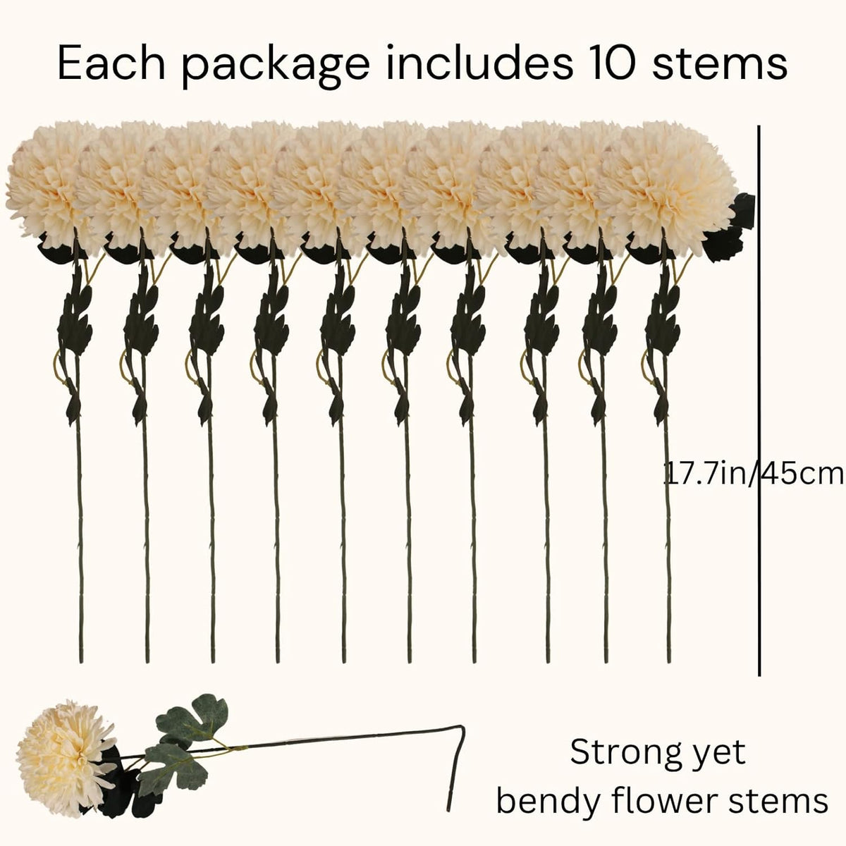 Large Kiku Flower Beige 10 Stems, Silk Flowers Bulk Boho Bouquet, Large Artificial Flowers, Tall Flowers With Long Stems, Realistic faux flowers Neutral Home Decor, Flores Artificiales Para Decoracion