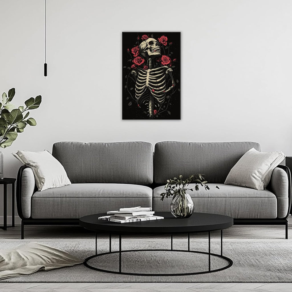 OAAPITI Gothic Skull Wall Art Skeleton and Roses Canvas Pictures Print Vibrant Dark Art Decor for Bedroom Living Room Bathroom(Artwork-6,24"x36")