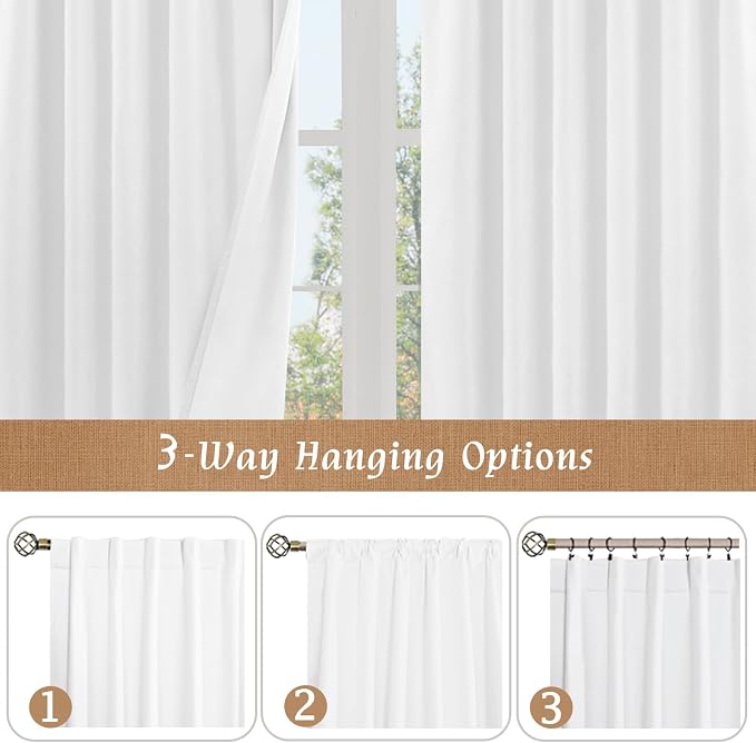 White 100% Blackout Linen Bedroom Curtains 63 Inches 2 Panels | Neutral Drapes - Image 8