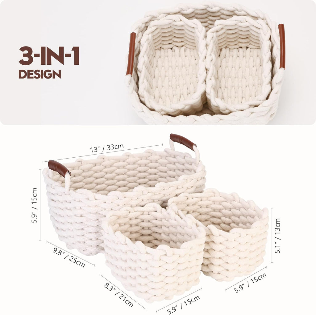 Sea Team 3-Pack Rectangle Woven Cotton Rope Storage Baskets with Handles, Shelf Basket, Closet Organizers, 3-in-1, White