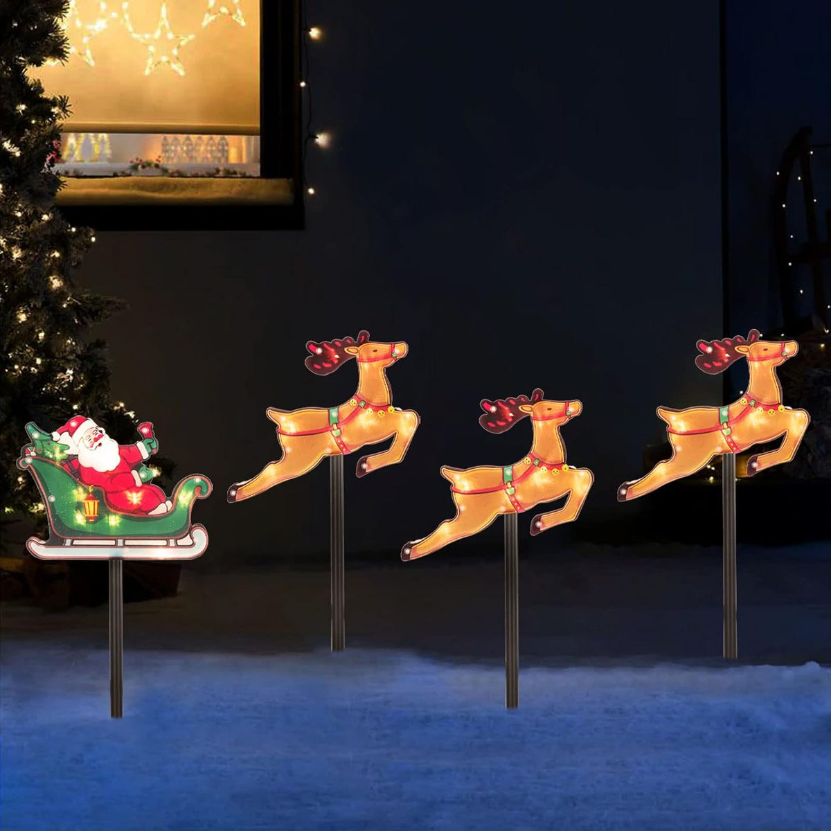 Christmas Silhouette Outdoor Pathway Lights Set of 4 Battery Powered Pre-Lit 30 LEDs Double Sided Christmas Reindeer & Sled Vintage Holiday Outdoor Display Decor for Garden, Patio,Yard, Lawn
