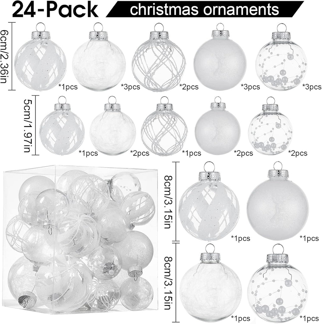 Clear Christmas Ball Ornaments,24ct Shatterproof Plastic Decorative Christmas Ornaments Hanging Xmas Tree Baubles Set with Stuffed Delicate Glittering Decorations for Holiday Party Home Decor(White)