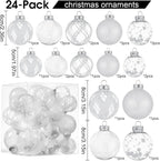 Clear Christmas Ball Ornaments,24ct Shatterproof Plastic Decorative Christmas Ornaments Hanging Xmas Tree Baubles Set with Stuffed Delicate Glittering Decorations for Holiday Party Home Decor(White)