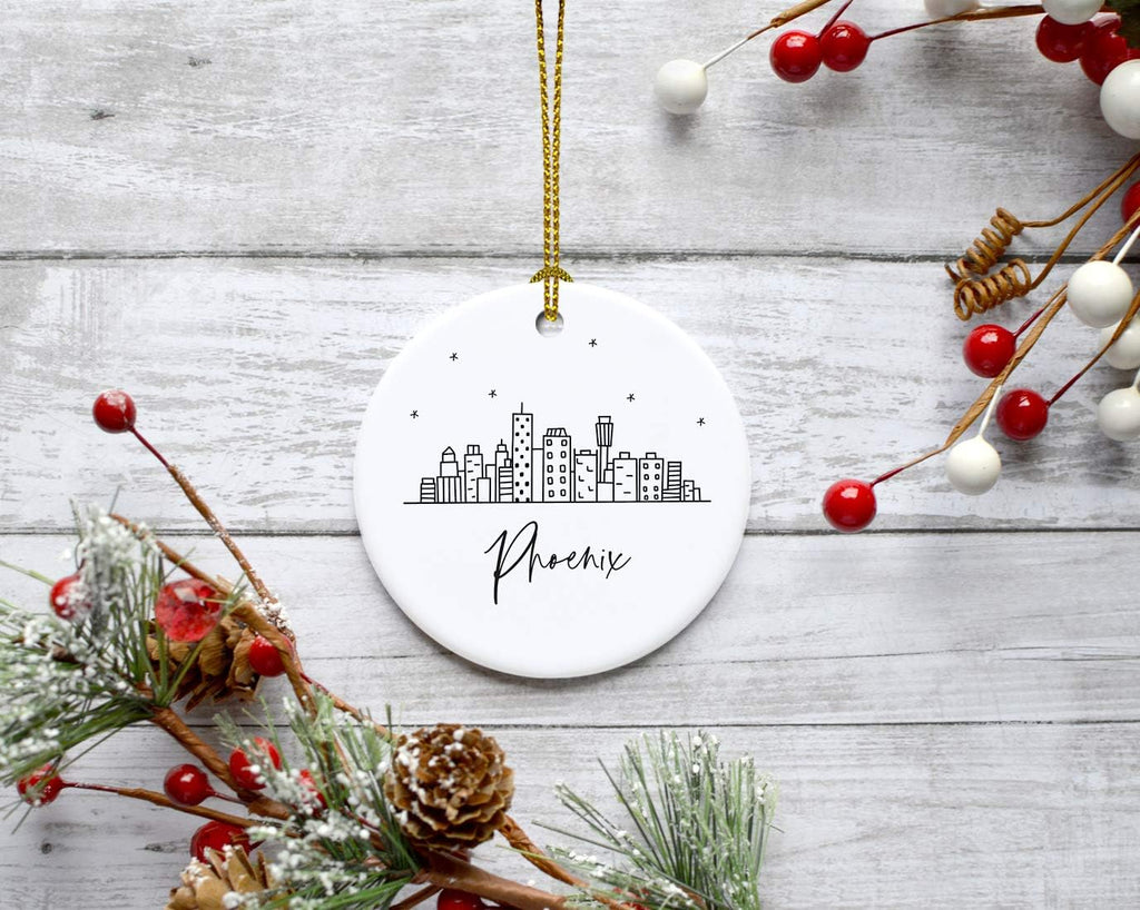 Andaz Press Round Ceramic Porcelain Christmas Tree Ornament Keepsake, Phoenix Black and White Stars City Skyline Graphic, 1-Pack, Birthday Gift Idea for Family Coworker Him Her, Includes Gift Box